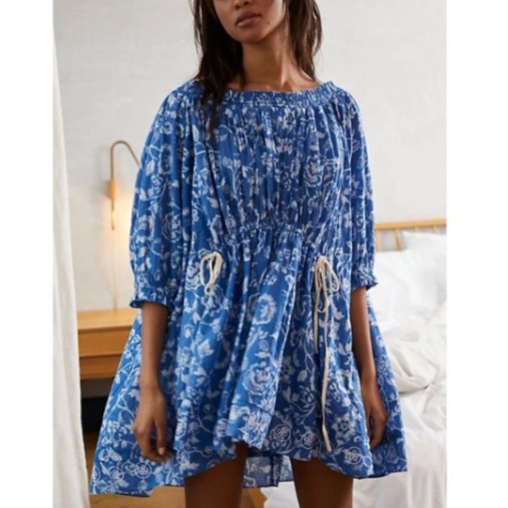 Free People Intimates Cotton Nora Nighty Blue Floral Chemise Small